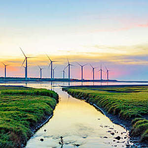 Landscape of windmills in Gaomei Wetlands, Taiwan.